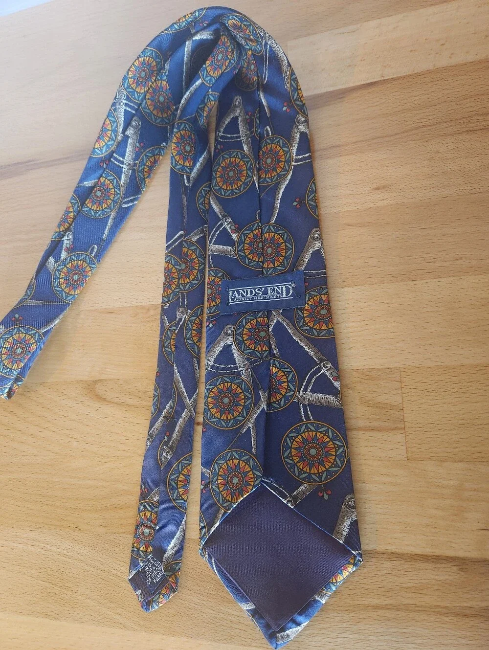 Vintage Lands End Nautical Compass Sextant Silk Tie Navy USA Maritime Novelty